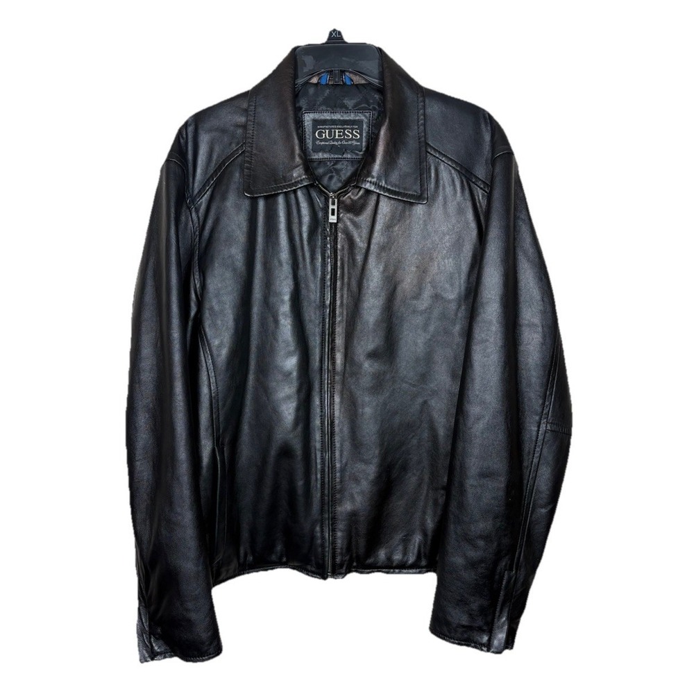 Guess Black‎ Men's Leather Moto Jacket Size Large Lined 2000's
